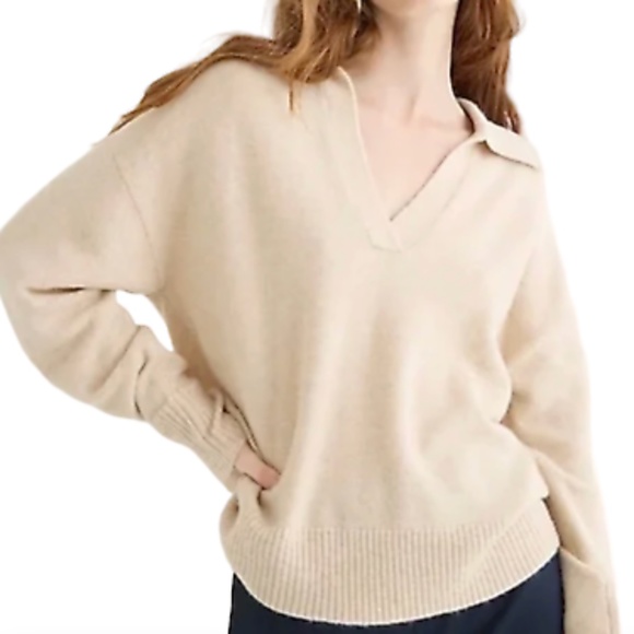 JCREW WOMENS HEATHER SAND COLLARED VNECK LONG SLEEVE SWEATER MERINO WOOL SMALL - Picture 1 of 7
